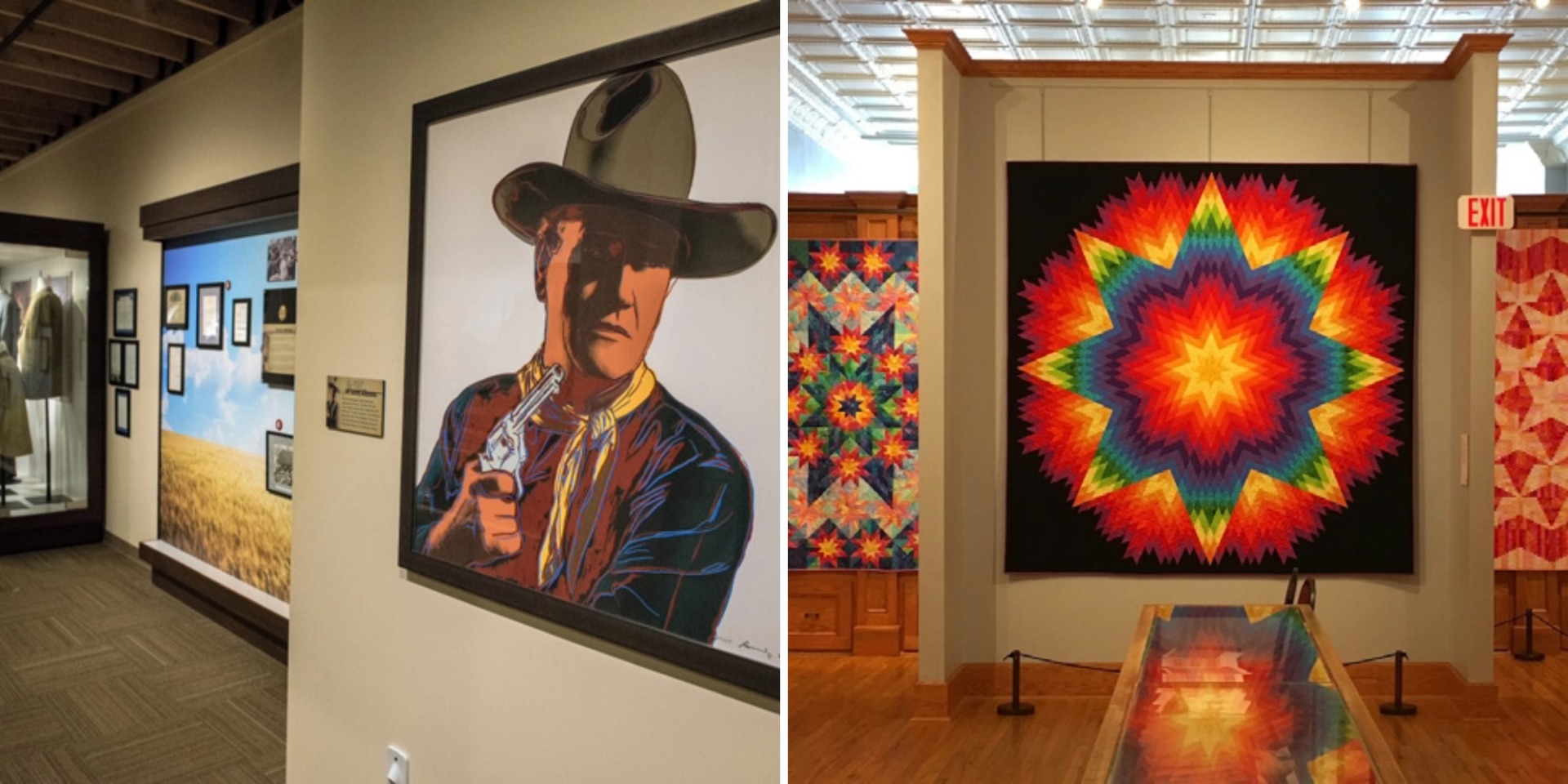 Collage of displays at John Wayne Birthplace & Museum and Iowa Quilt Museum.